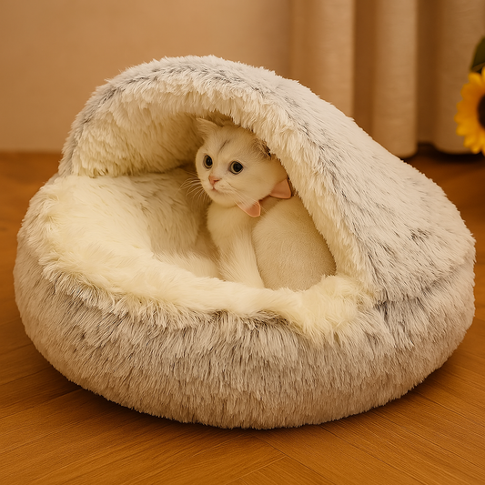 Plush Hooded Pet Bed round Fluffy Soft Cat Bed Pet Cushion Warm Cat Dog 2 in 1 Sleeping Nest Cave for Small Dogs